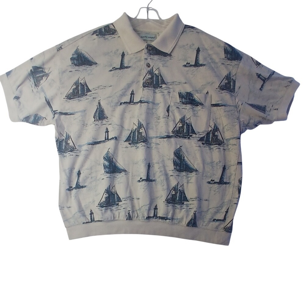 David Taylor Polo Shirt Mens XL Cream Blue Nautical Sailboat Banded Hem Vintage
